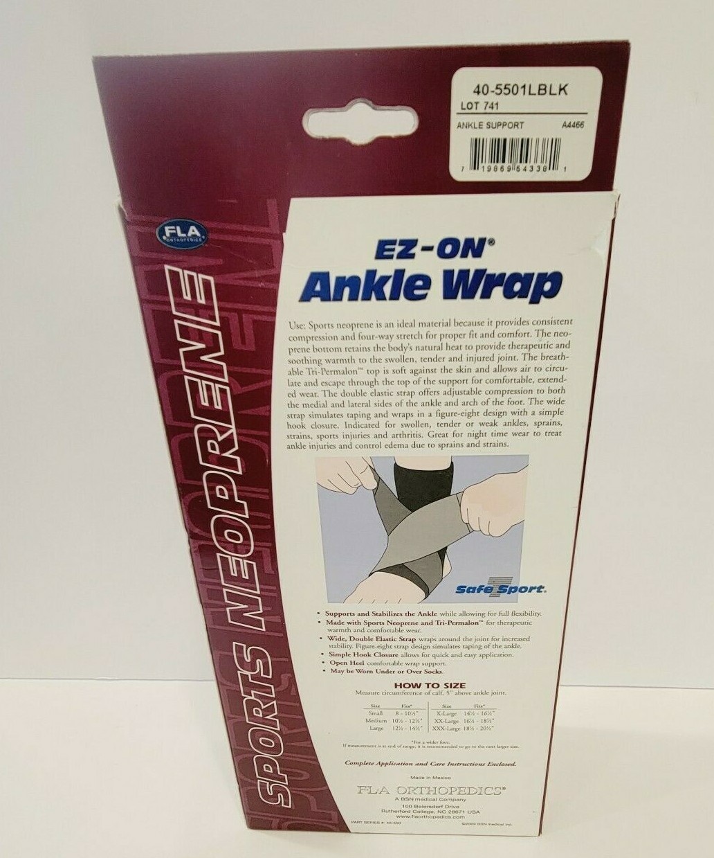 FLA Orthopedics Size XL Black Sports Neoprene – EZ – On Ankle Wrap – Open Heel