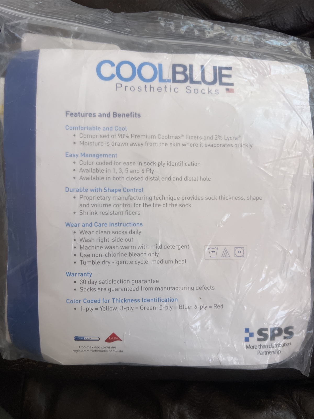 Cool Blue Prosthetic Socks 1 Ply w/ Sewn Hole Size 3, 4 Length 16-20