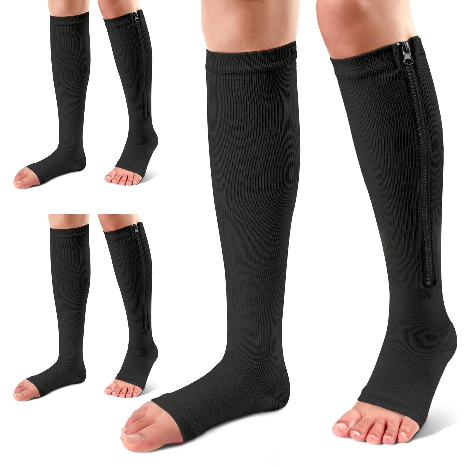 Ailaka 3 Pairs Compression Socks with Zipper, Large/X-Large (3 Pair), Black