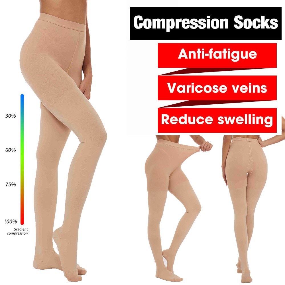 Compression Thigh High Stockings Men and Women 30-40 mmHg Beige Black Large