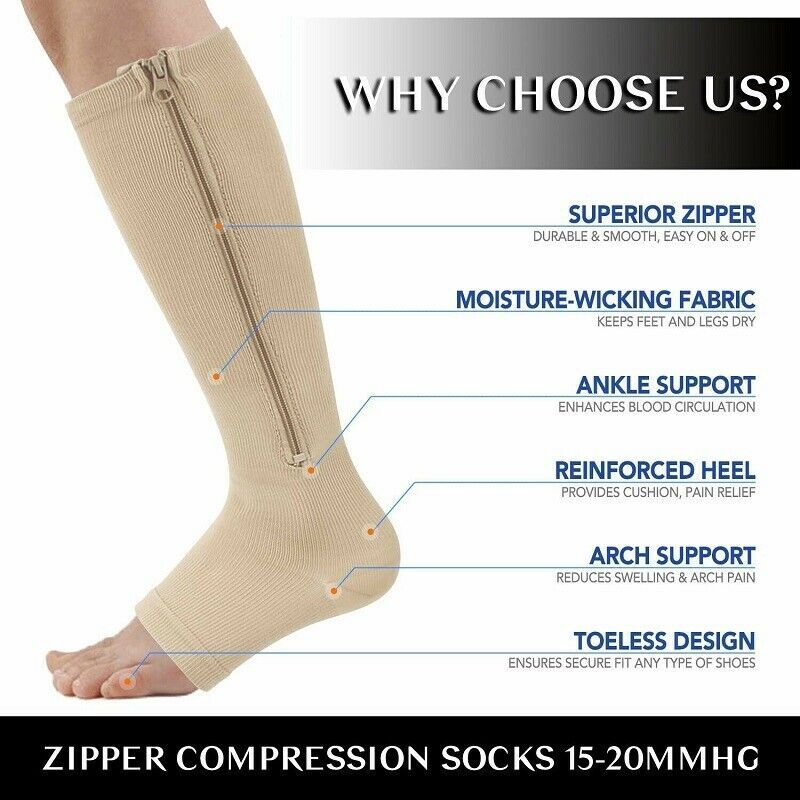 Compression Zip Up Socks Open-Toe Zipper Leg Support Unisex Socks Knee Stocking