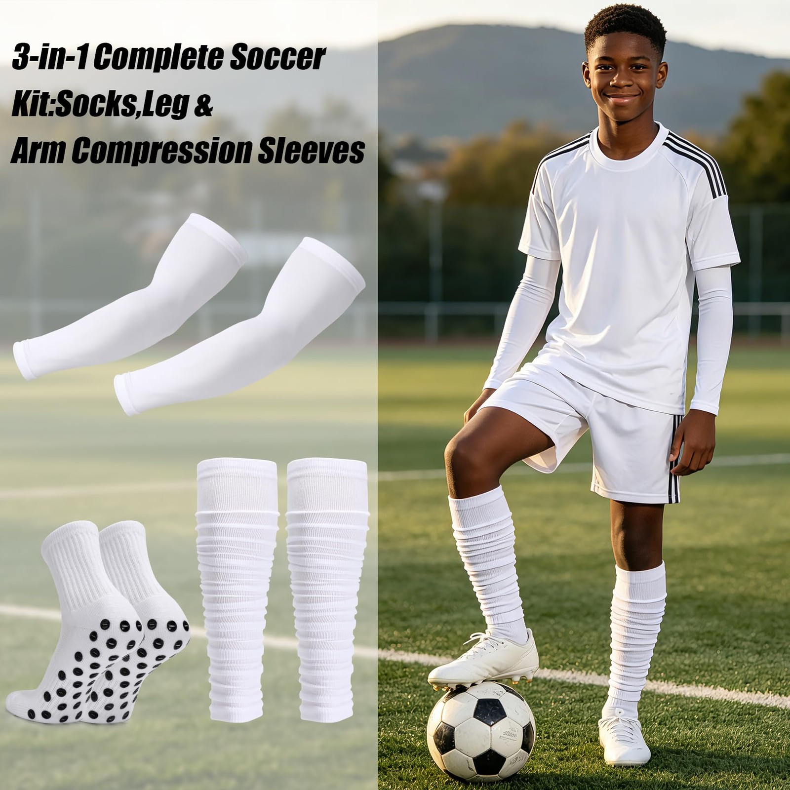 Grip Soccer Socks and Compression Leg Sleeves and Arm Sleeves Combo Set for A…