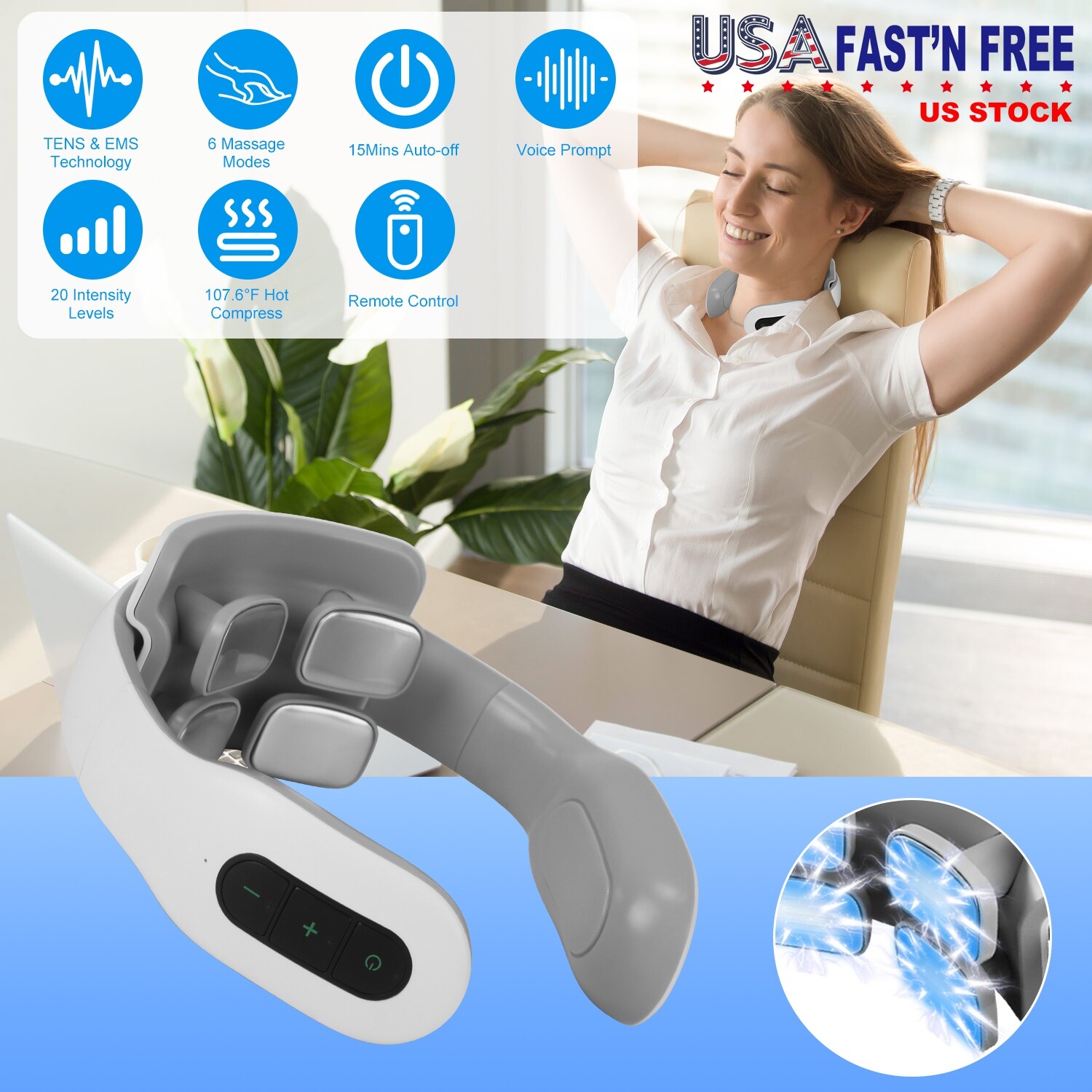 Cordless Portable Rechargeable Neck Massager w/ Heat -Back and Neck Massager