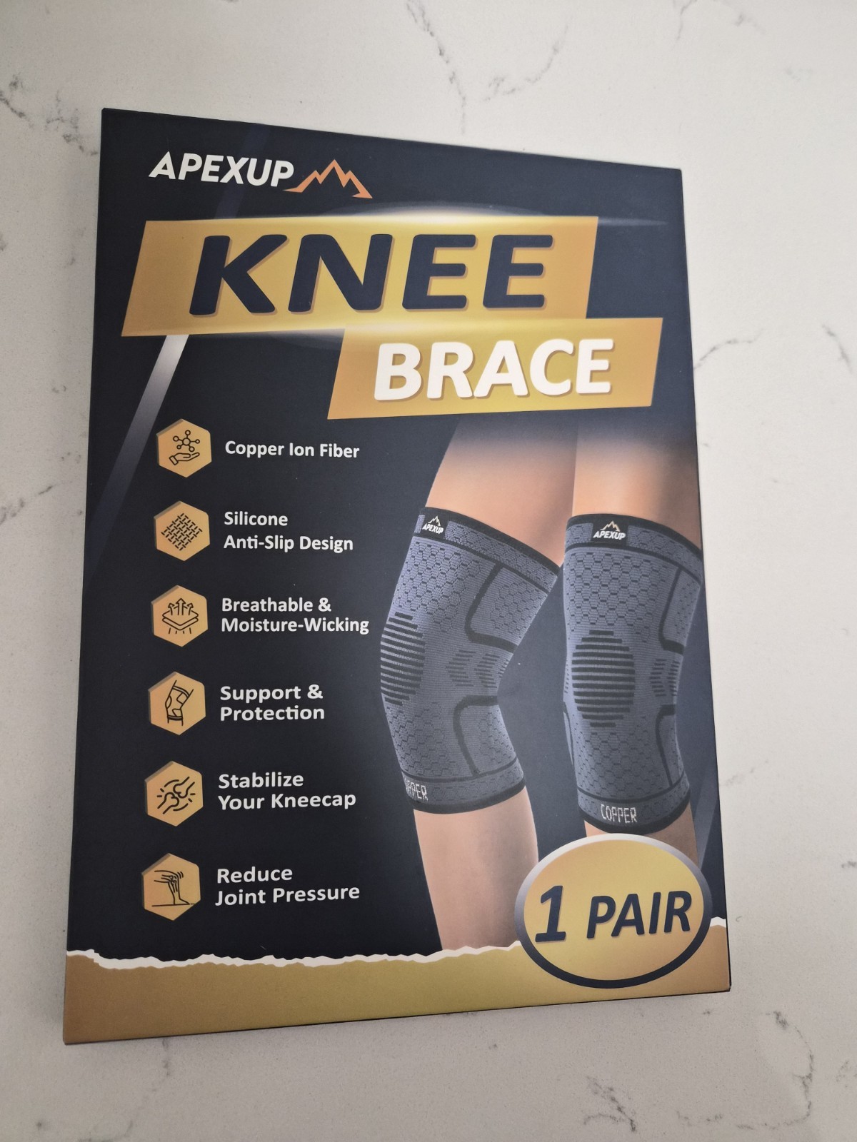 Brand New Apexup Copper Ion Fiber Pair Knee Brace Set Gray Small