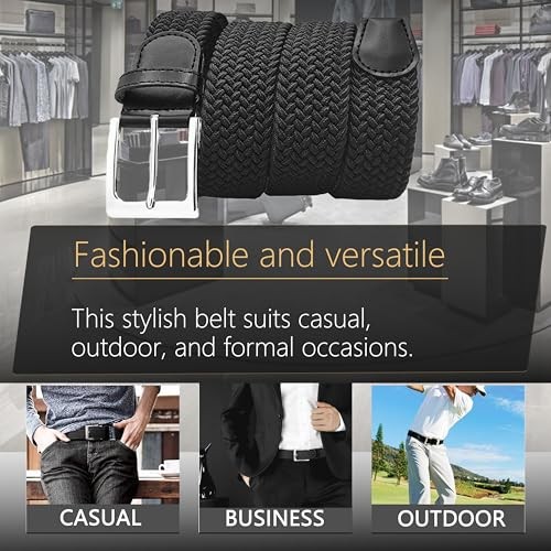 Elastic Braided XS Waist Adjustable:33″-37″ (42″ Length) Blackc Silvery Buckle