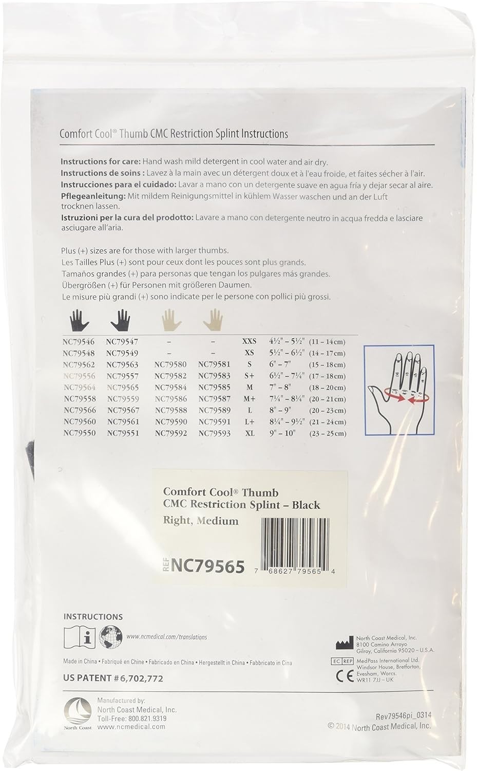 Breathable Black Thumb CMC Joint Splint for Tendinitis Relief – Adults