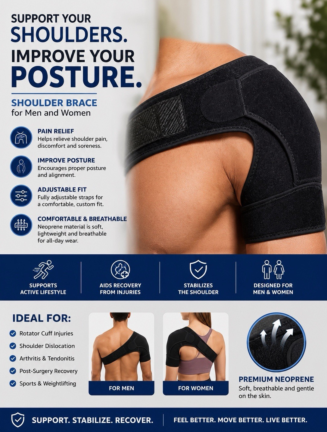 Neoprene Shoulder Brace, Adjustable Breathable One Size, Black Men Women