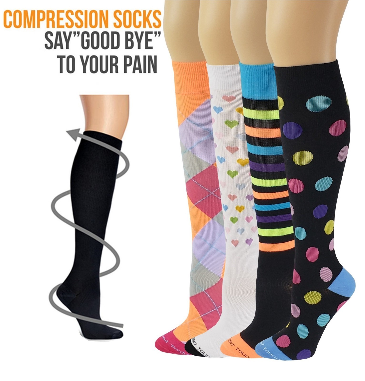 Differenttouch 4 Pairs Women Anti-Fatigue Graduated Compression Knee High Socks