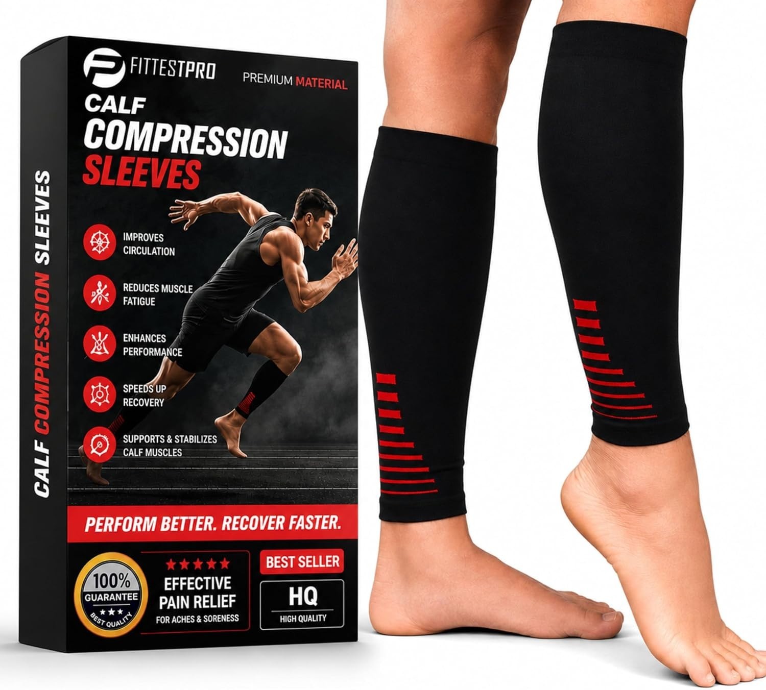 Calf Compression Sleeves for Shin Splint Relief – Large, Black