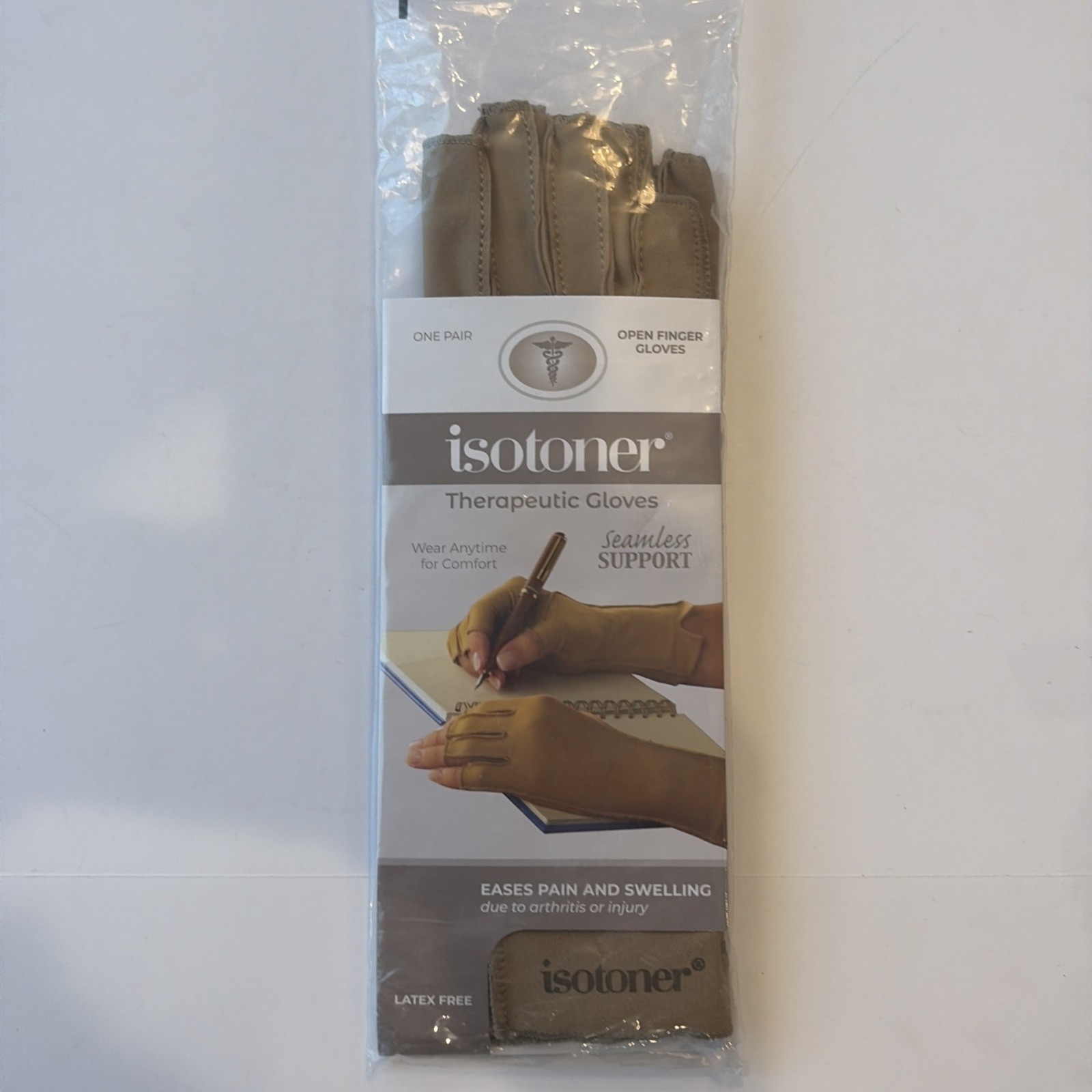 Isotoner Therapeutic Gloves Open Finger Camel Size Large Compression Pain Relief