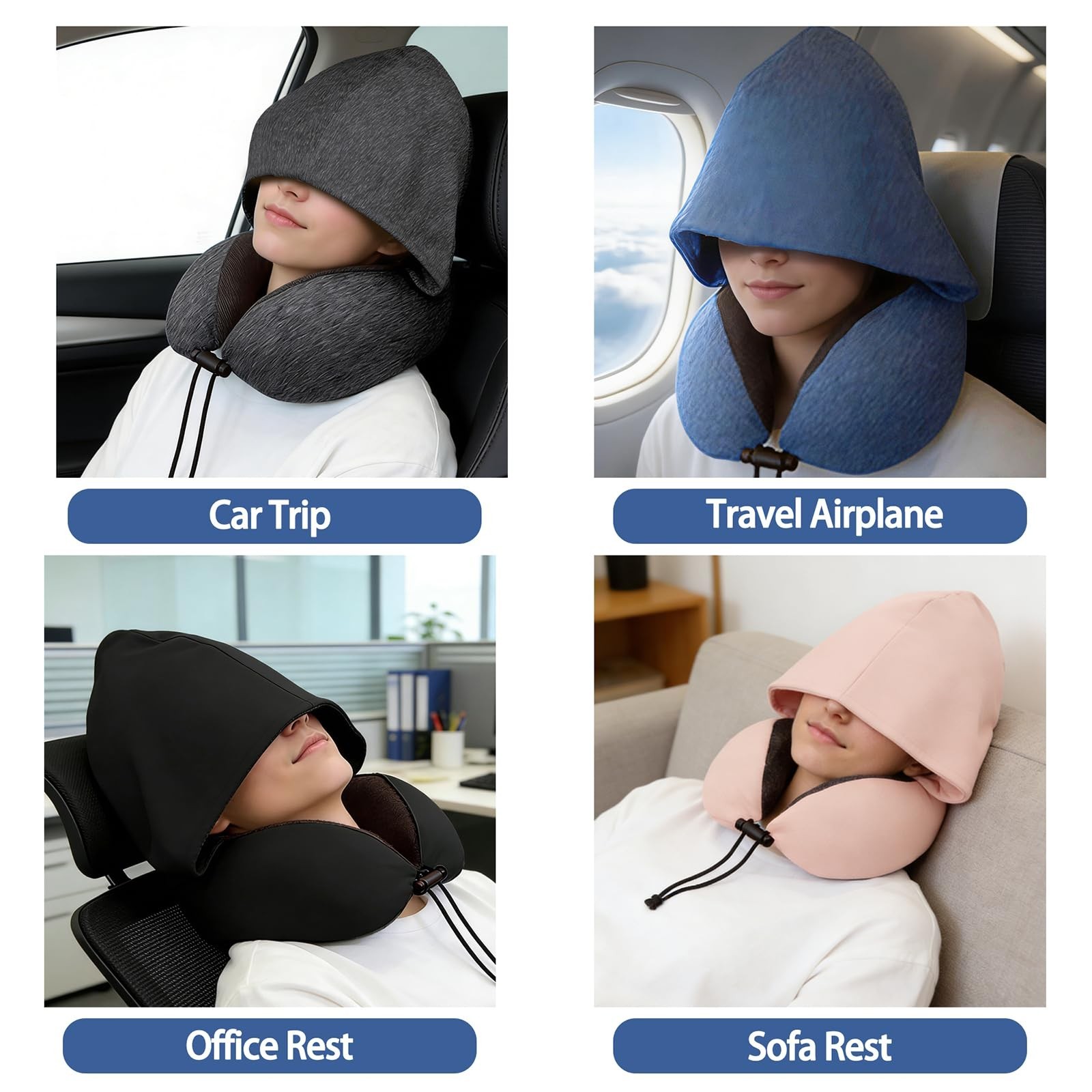 Travel Neck Pillow with Hood Memory Foam Sleeping Airplane Pillows Long Fligh…