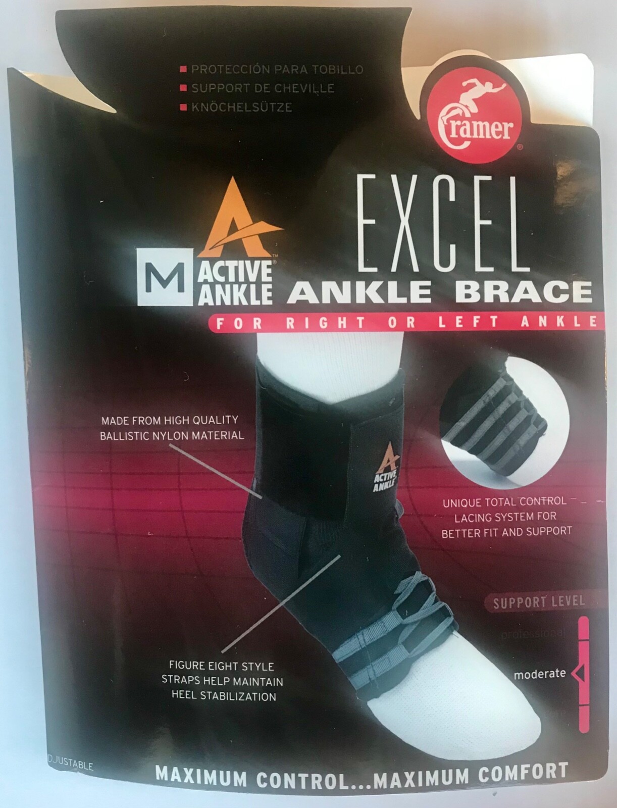 New Active Ankle Excel Ankle Brace, Size Adult M, Black, Fits Either Ankle
