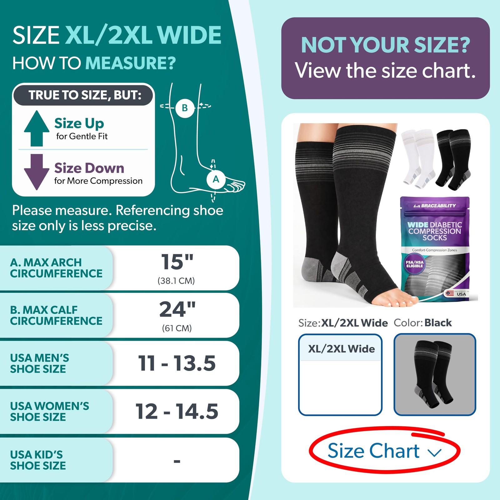 BraceAbility Plus Size Wide Calf Knee High X-Large/2X-Large Calf, Black