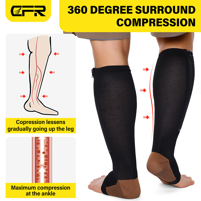 Pair Copper Open Toe Compression Socks Zipper Leg Calf Ankle Support Men Women