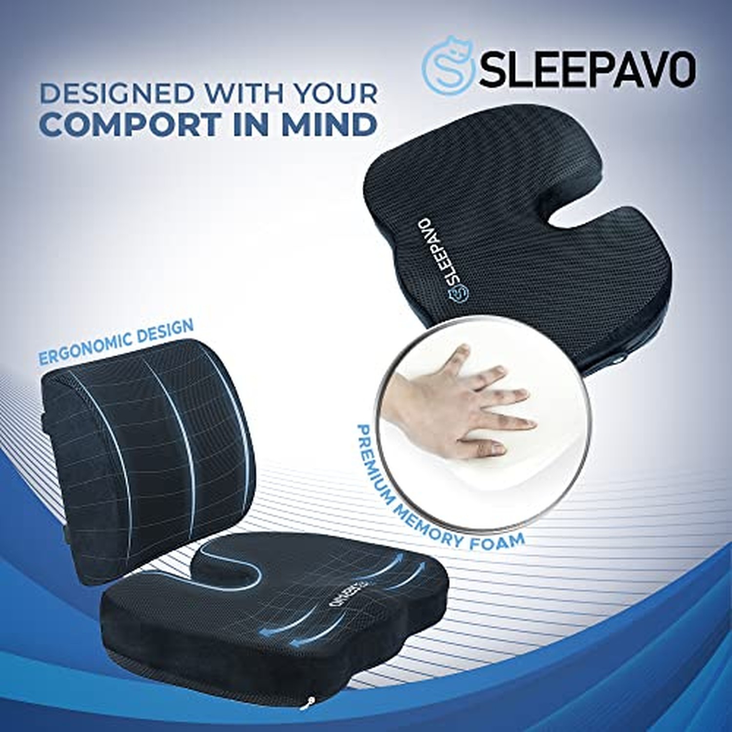 Sleepavo Memory Foam Seat Cushion for Office Chair-Orthopedic Back and Butt P…