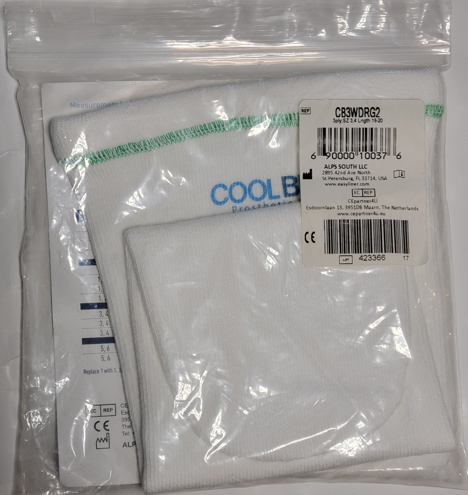 New CoolBlue Prosthetic Sock 3-Ply Size 3/4 Length 16-20″ Closed End CB3WDRG2