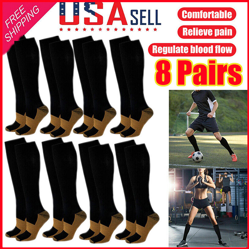 （8 Pairs) Copper Compression Socks 20-30mmHg Graduated Support Mens Womens S-XXL