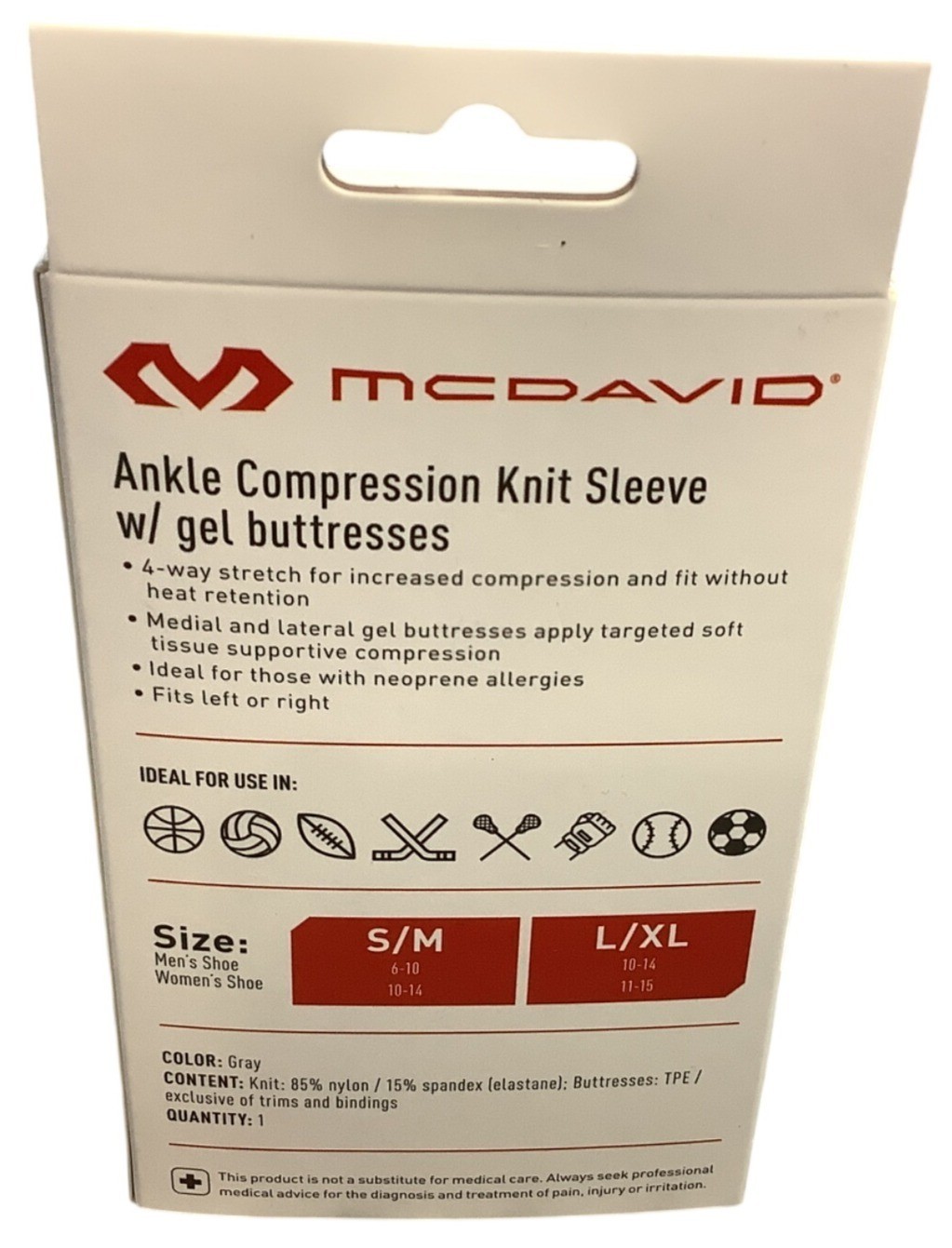 McDavid Sport Ankle Compression Knit Sleeve Level 2 Support Pain Relief S/M