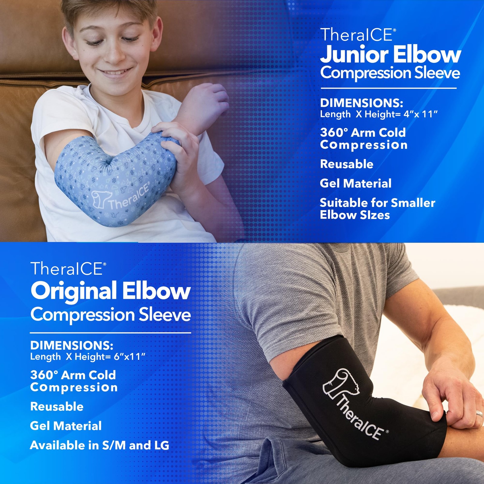 TheraICE Elbow Ice Pack Compression Sleeve for Injuries, X-Small, Junior Blue
