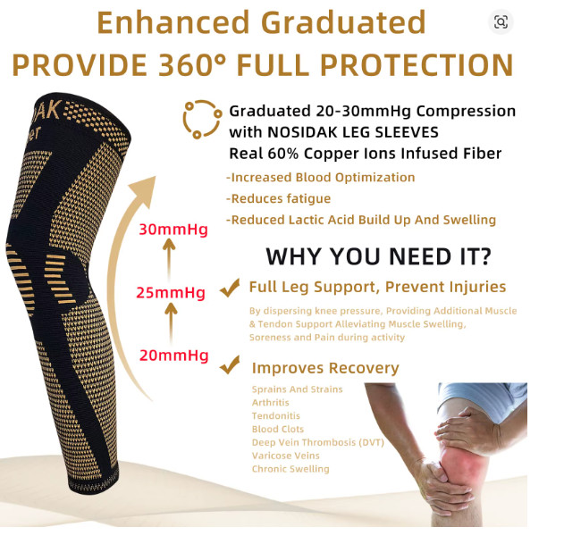 Copper Compression Knee Sleeve Long Full Leg Brace Support Sports Joint Pain Rel