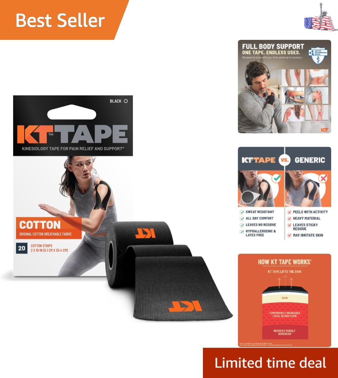 Cotton Kinesiology Tape – 10” Precut Strips for Muscle & Joint Pain