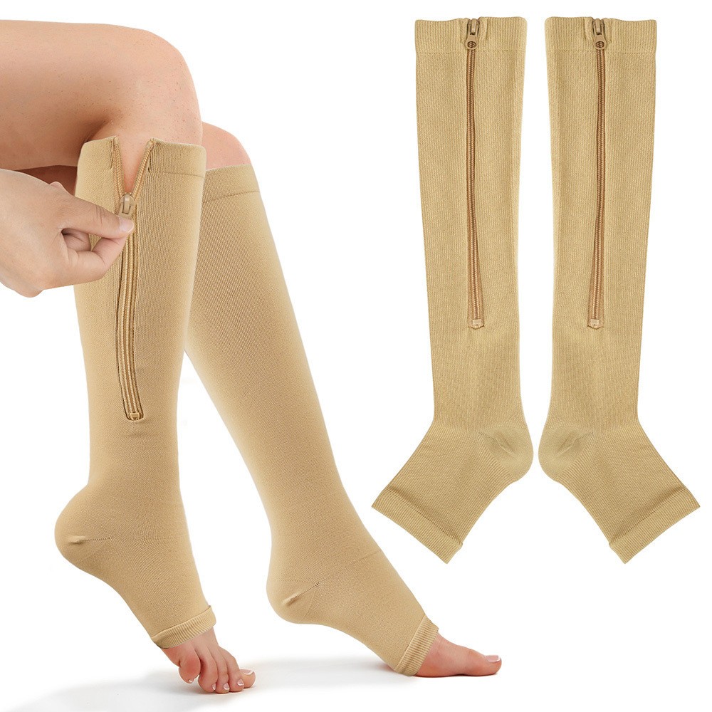2pcs Breathable Compression Zipper Socks Open Toe Elastic Leg Support Socks