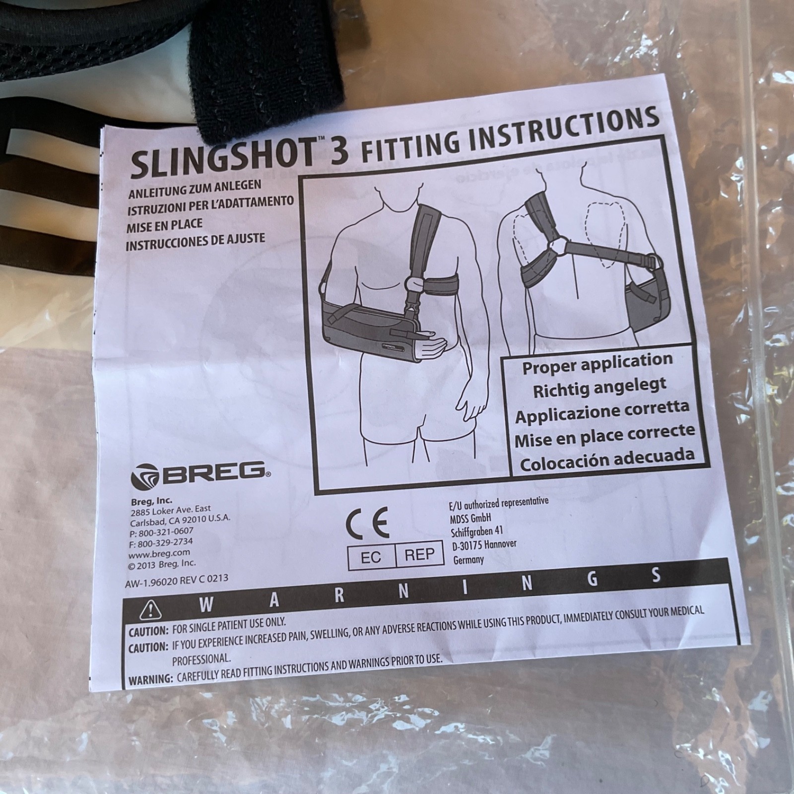 Breg Slingshot 3 Shoulder Arm Sling Large Black Adjustable Brace Support New