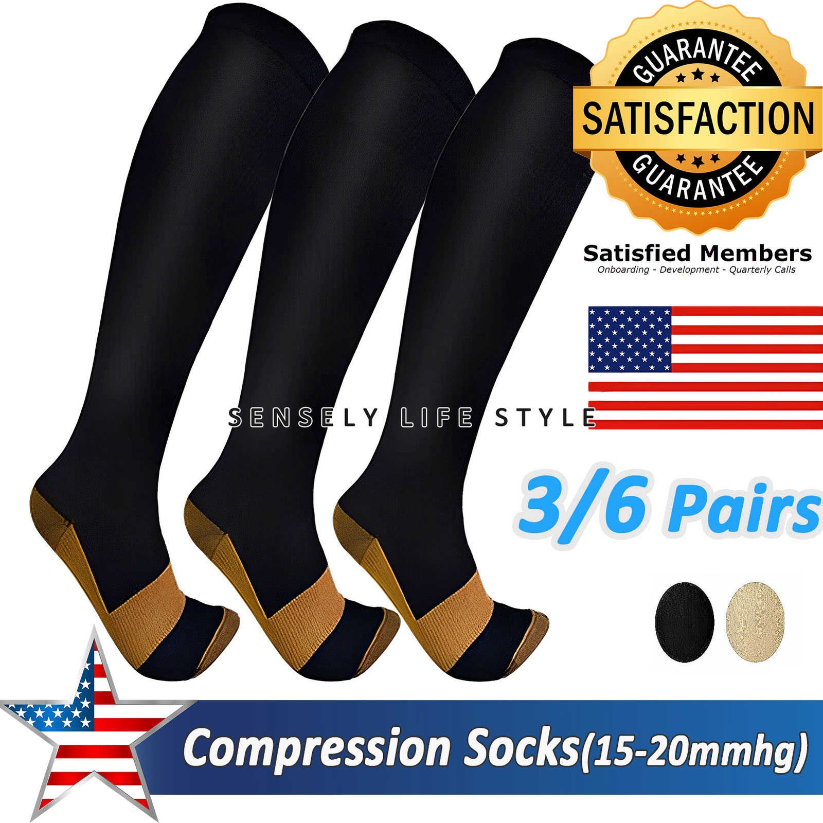 US Medias Calcetines De Compresion15-20 mmHg Para Hombres Y Mujeres 3/6 Pares