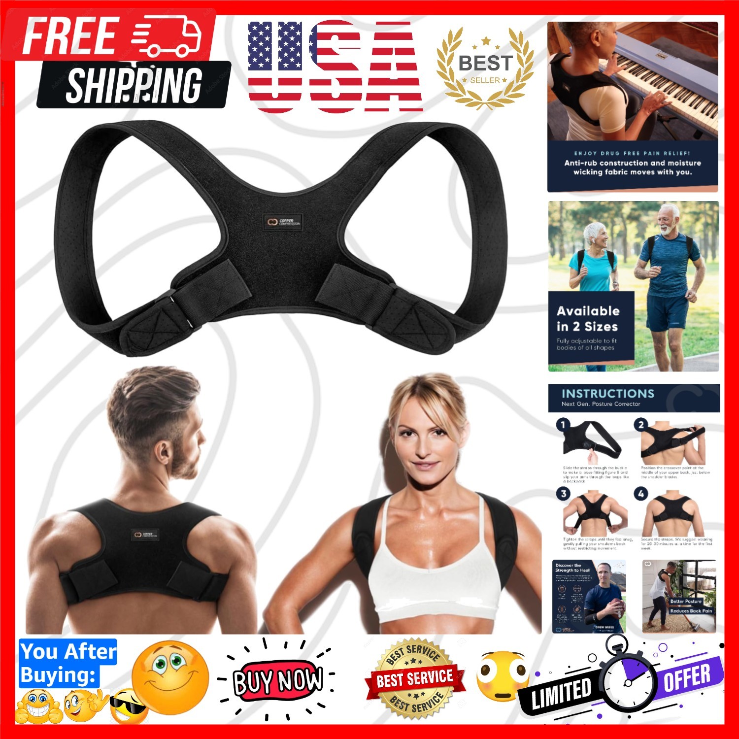 Posture Corrector for Men & Women – Adjustable Copper Infused Orthopedic Brac…