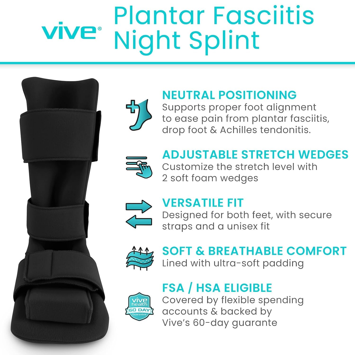 Vive Plantar Fasciitis Night Splint Plus Trigger Point Stretch Wedges – Soft Leg