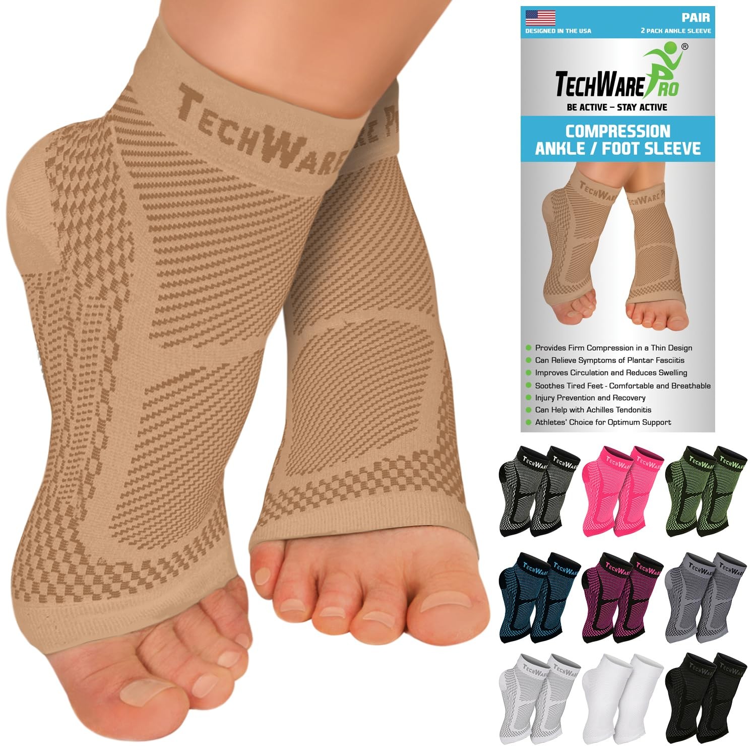 TechWare Pro Ankle Brace Compression Sleeve – Relieves Achilles Tendonitis,