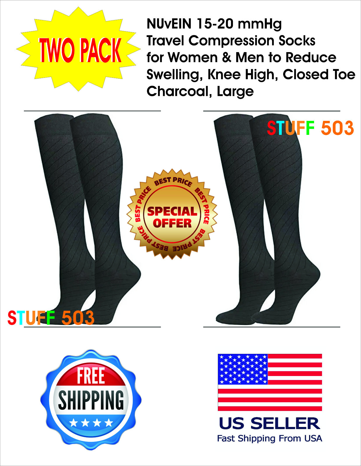 Two Pack NuVein Regular Strength 15-20mmHg Compression Travel Socks Brown Large