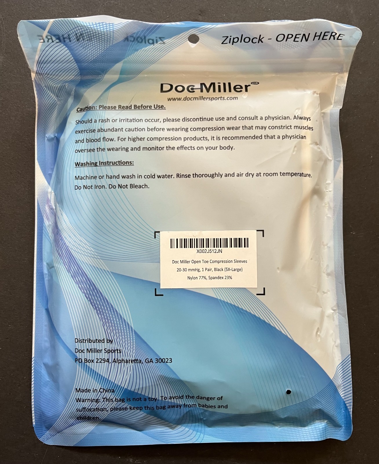 Doc Miller-Open Toe Compression Sleeves- (20-30mmHg)-1 Pair-Size 5X-Large BLACK