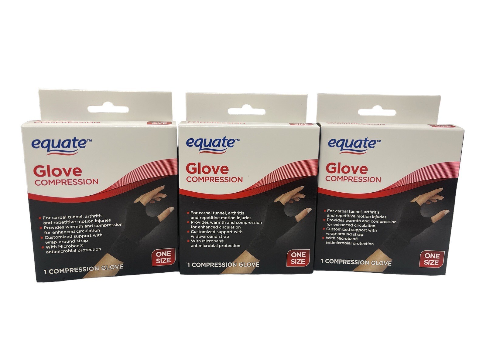 3 Pack Equate Compression Gloves Antimicrobial One Size Carpel Tunnel, Arthritis