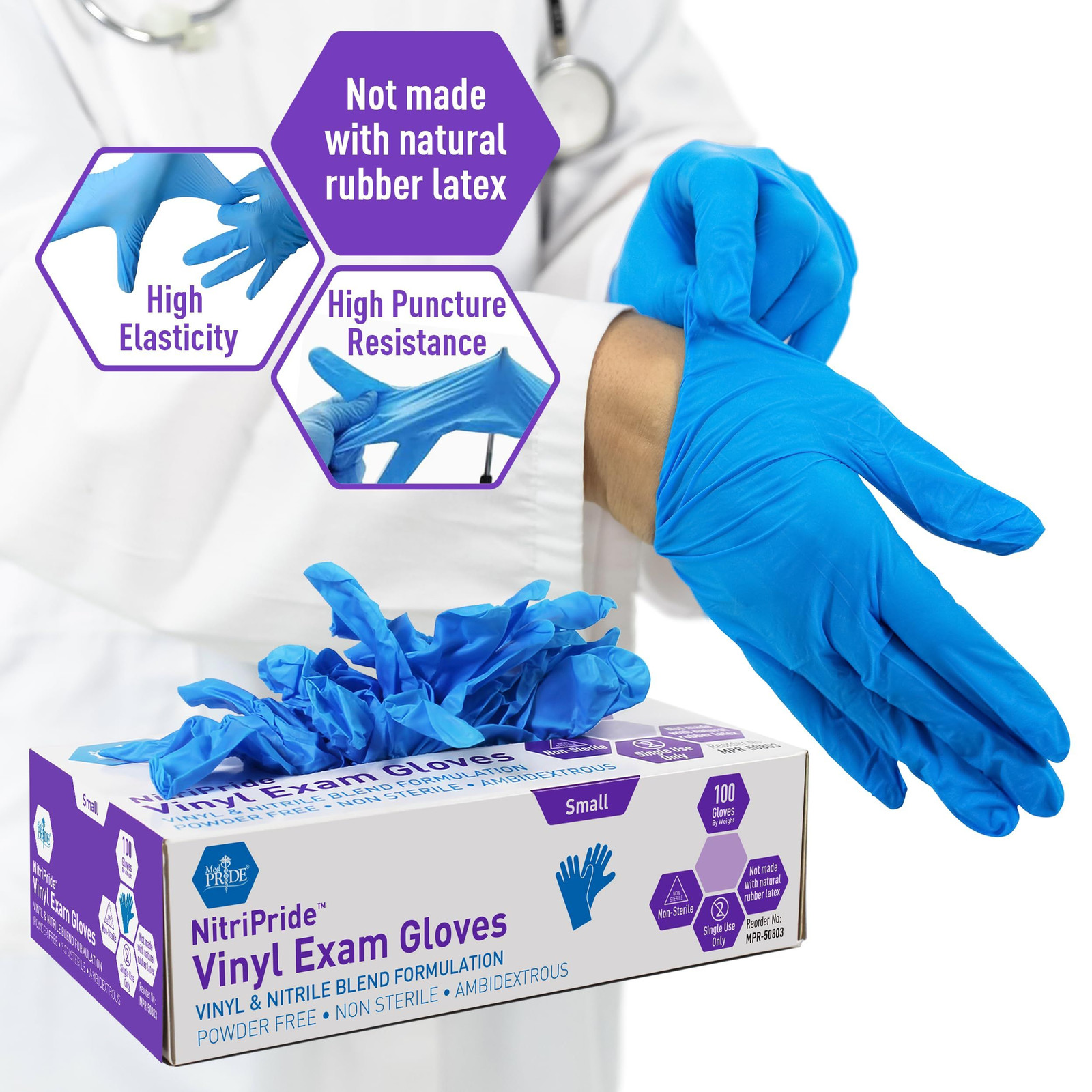 MED PRIDE Nitrile/Vinyl Blend Exam Gloves, Powder-Free, Small, Blue