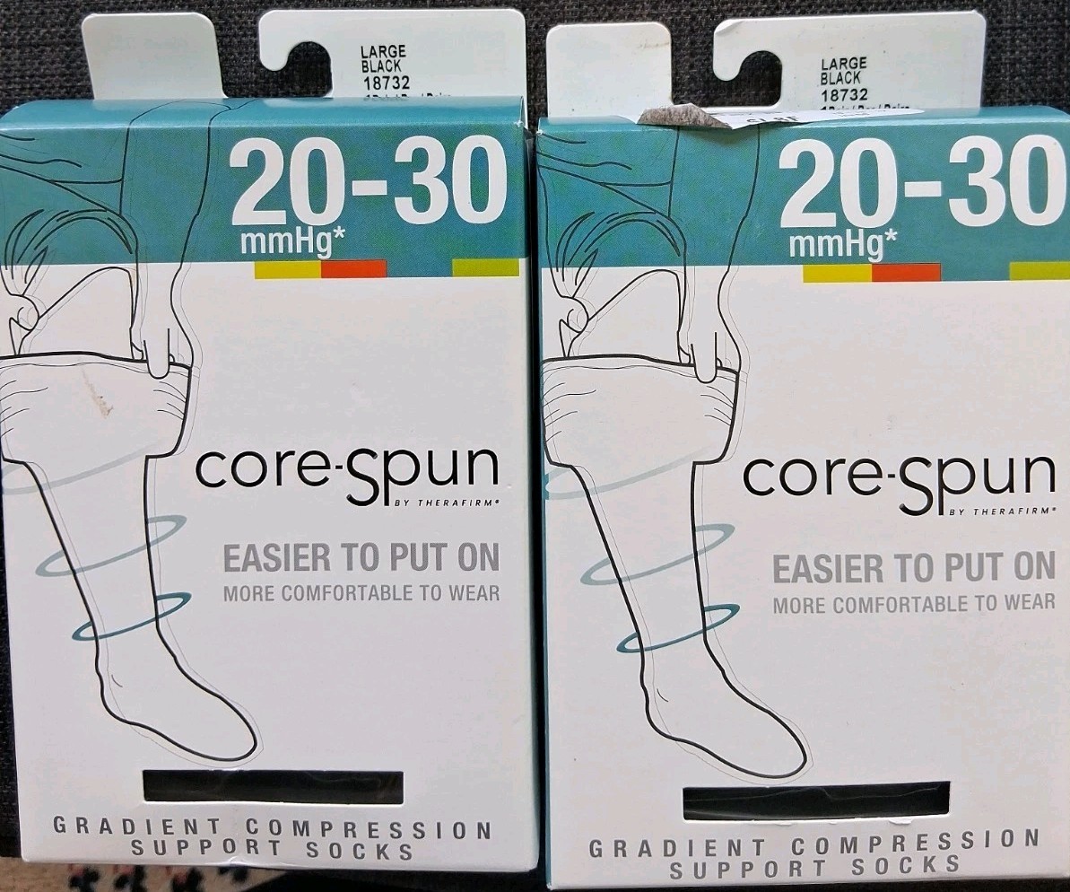 Core-Spun 20-30mmHg Gradient Compression Support Socks Black Large 2 Pair
