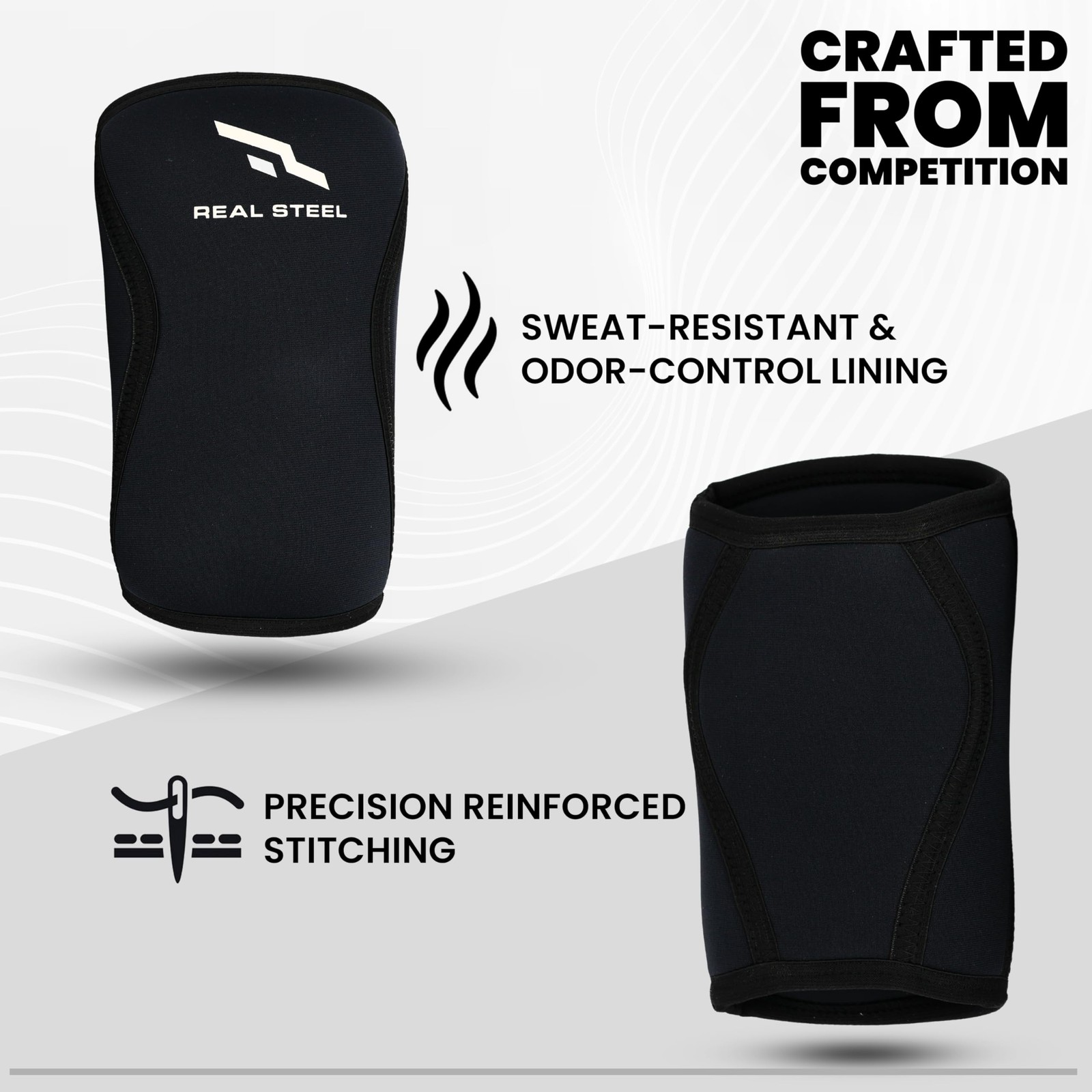 Real Steel Knee Sleeves (1 Pair) With Gym Bag – 7mm Large, Black