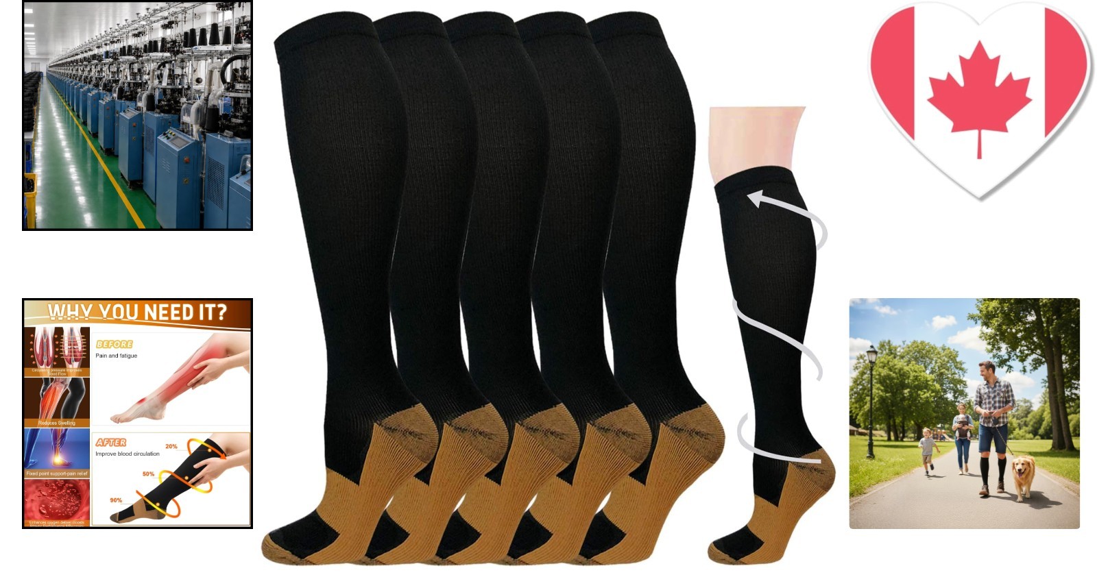 No-Slip Design Compression Socks for Prolonged Comfort | Black Copper 20-30 mmHg