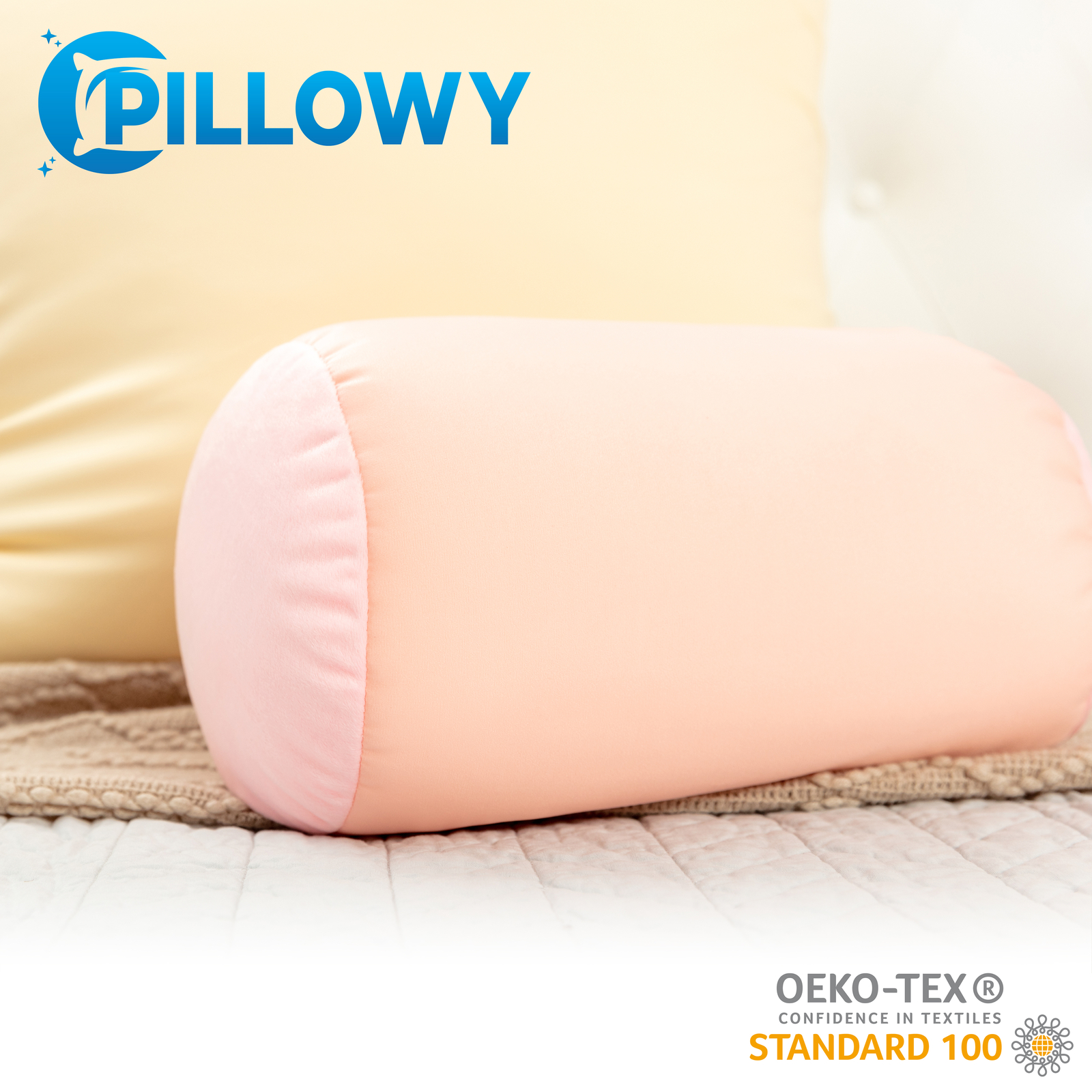 Microbead Bolster Neck Roll Pillow – Silky Feel, 14″ x 8″, Cream Peach