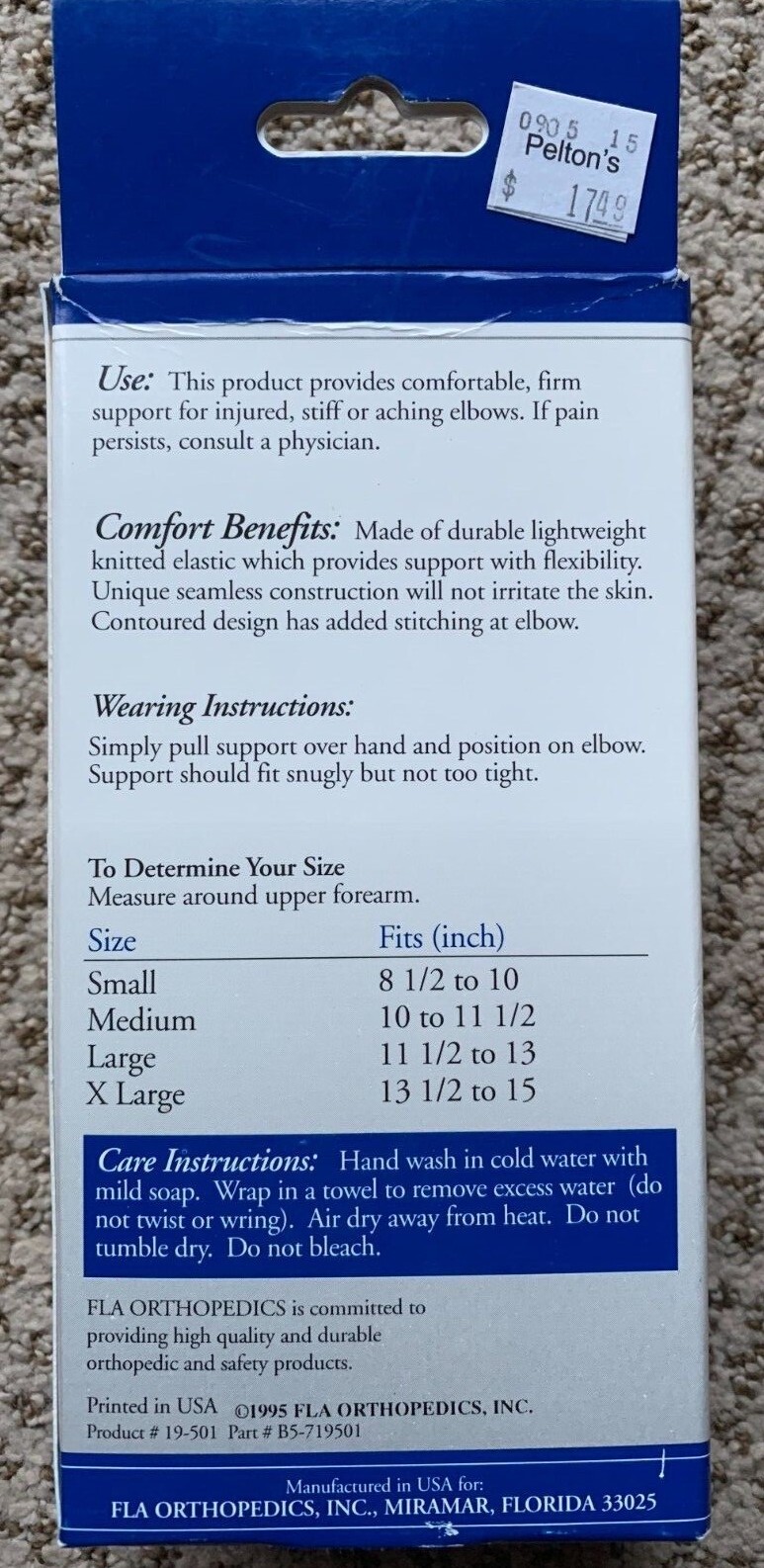 FLA ORTHOPEDIC HOSPITAL GRADE ELBOW SUPPORT ELASTIC PULLOVER SIZE LARGE L