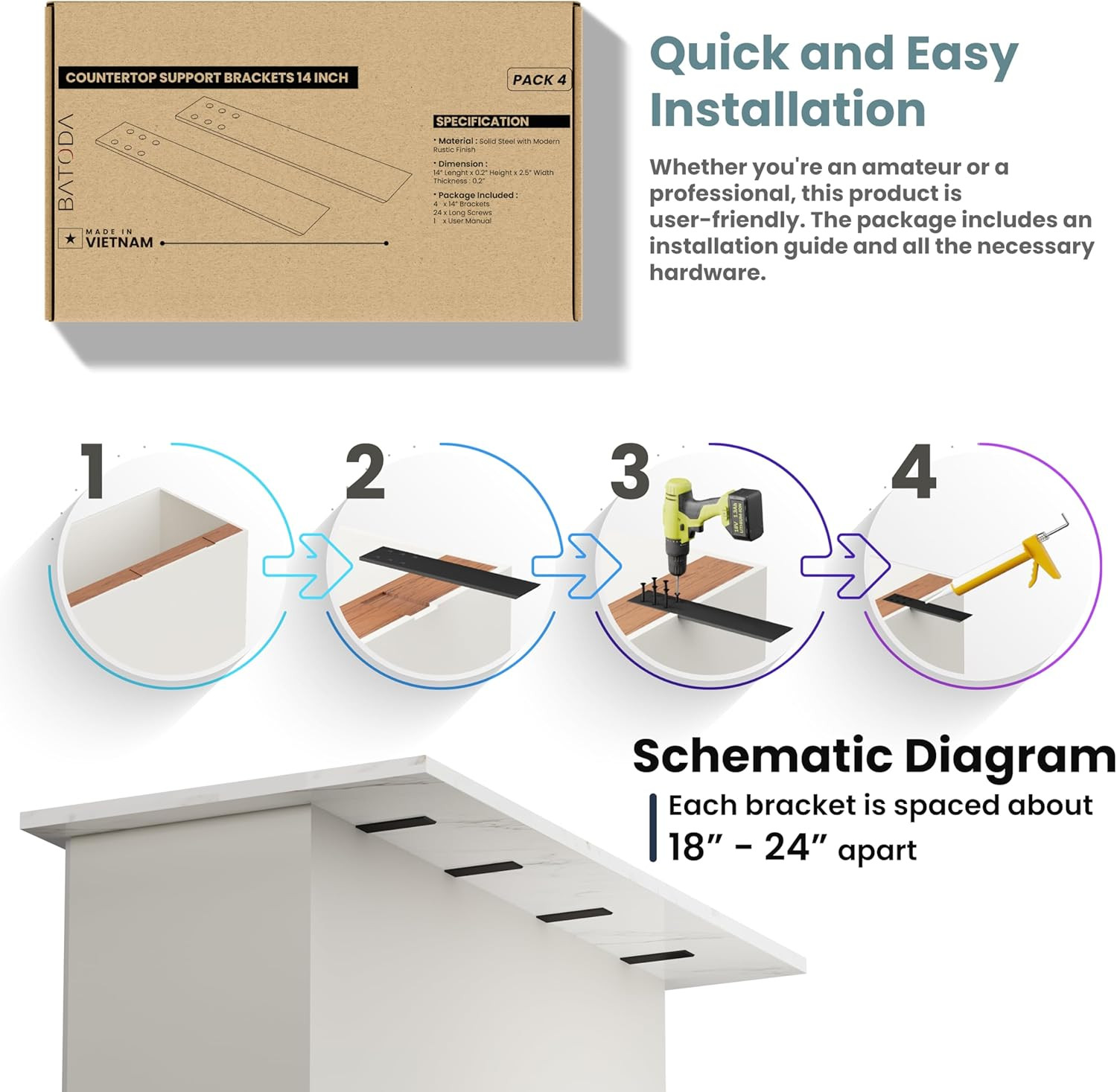 14″ Countertop Support Brackets (4PCS), Steel Knee Wall Support | Heavy Duty, 3/