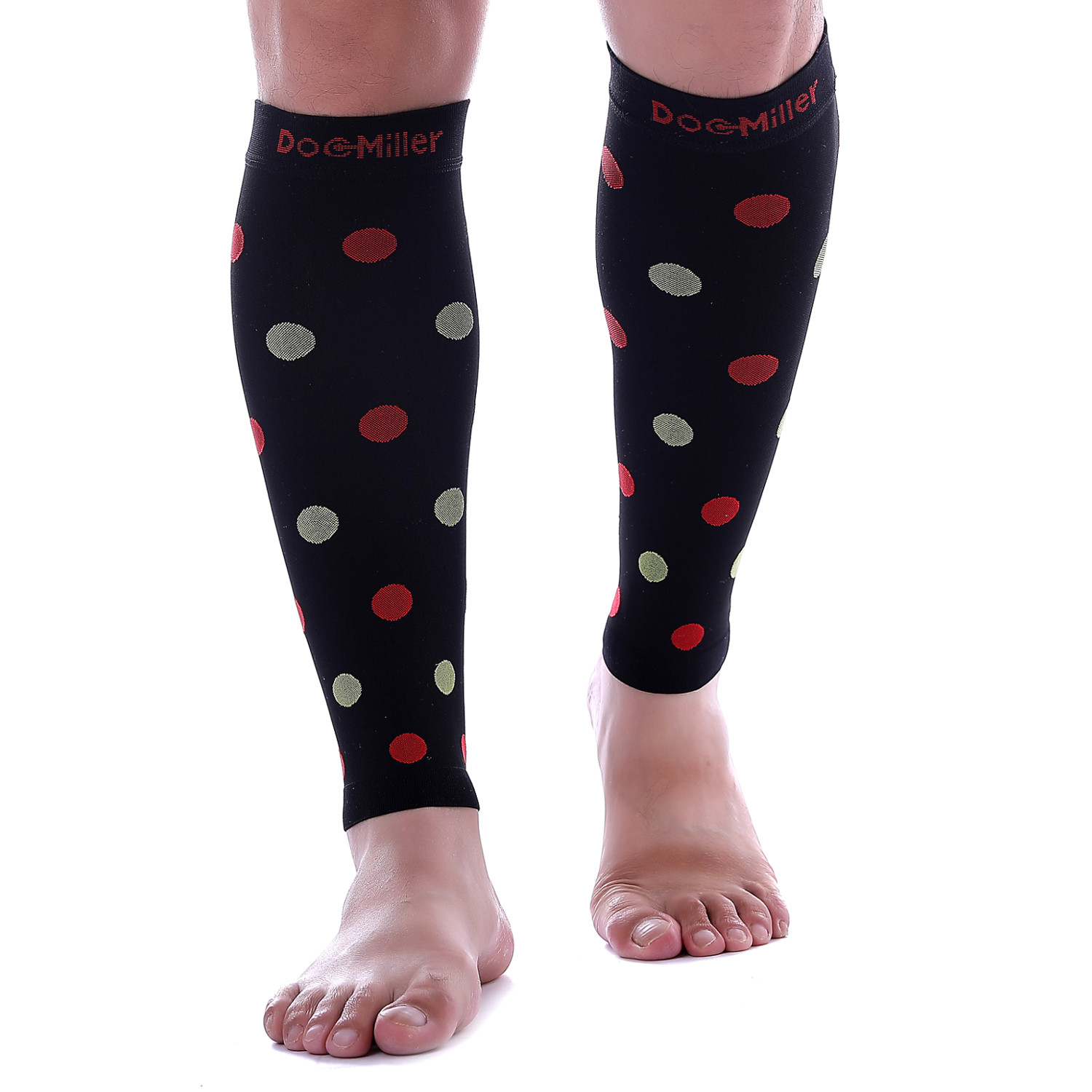 Doc Miller Calf Compression Sleeve 1Pair 20-30mmHg Varicose Polka Dot BLK/REDGRN