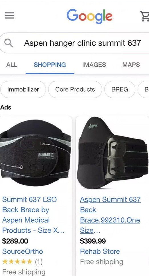 Aspen Summit 637 Back Brace, Adjustable size. ($399 retail @ rehab store).