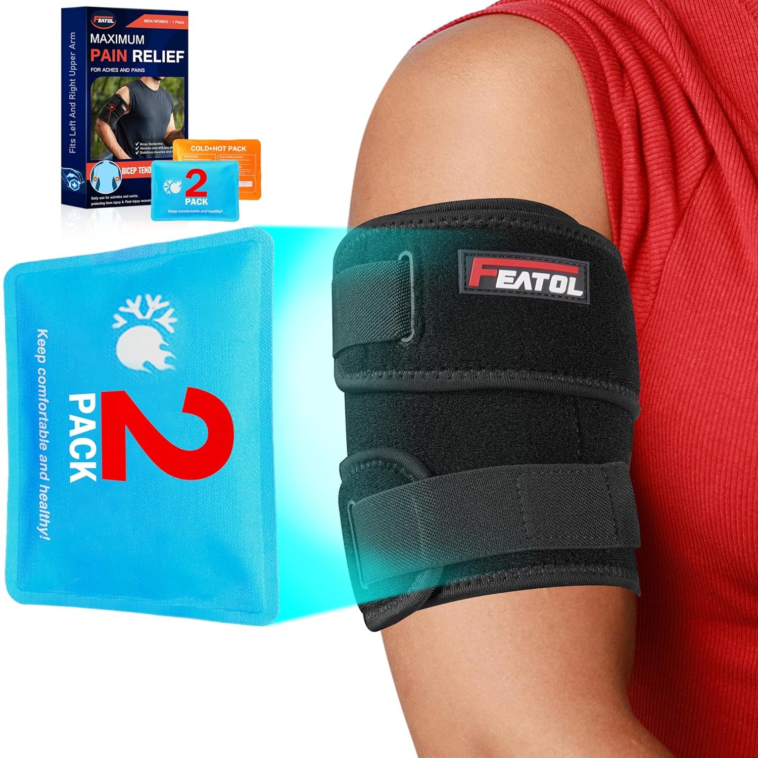 Bicep Tendonitis Brace Upper Arm Support Tricep Compression Sleeve w/Ice Packs