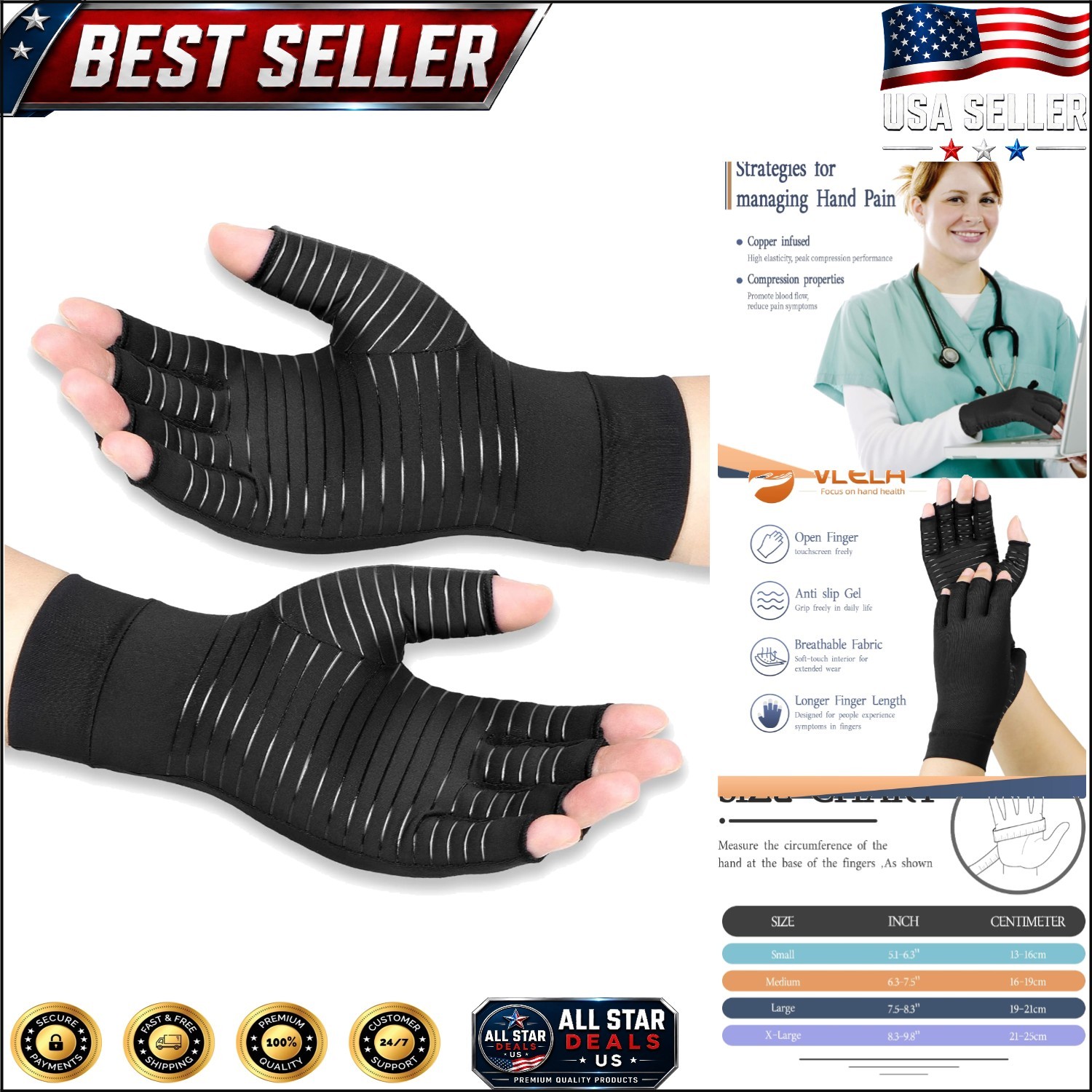 Copper Infused Fingerless Compression Gloves for Arthritis Pain Relief – Medium