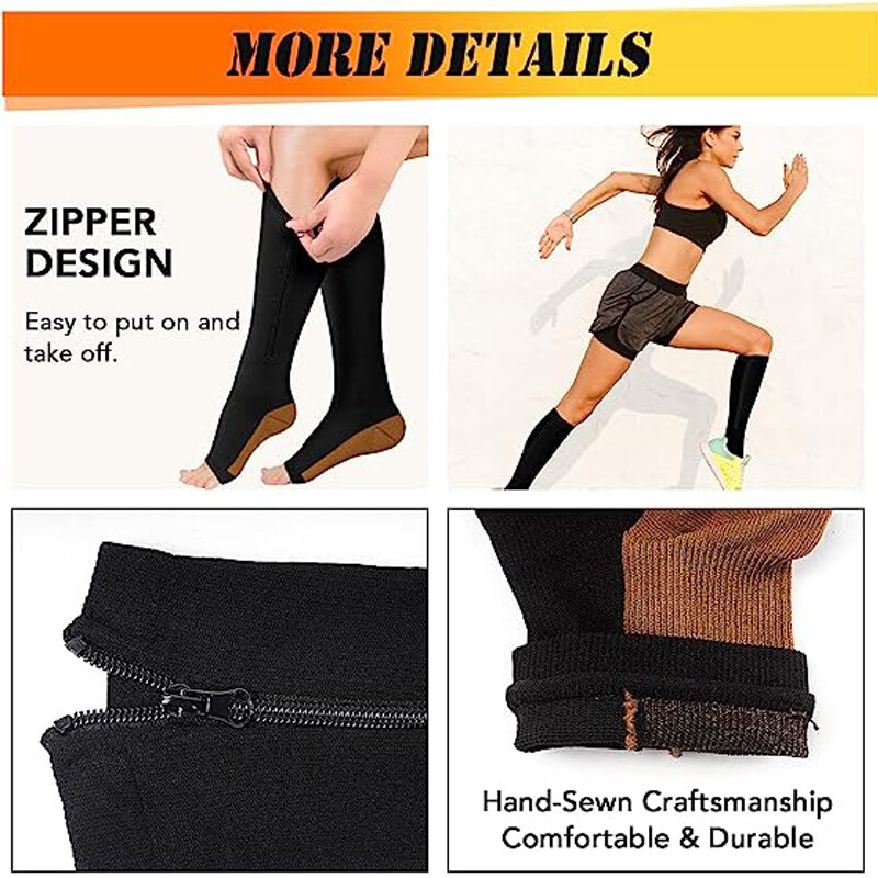 Copper Compression Support Zipper Socks Graduated Stocking Men Women 20-30mmHg