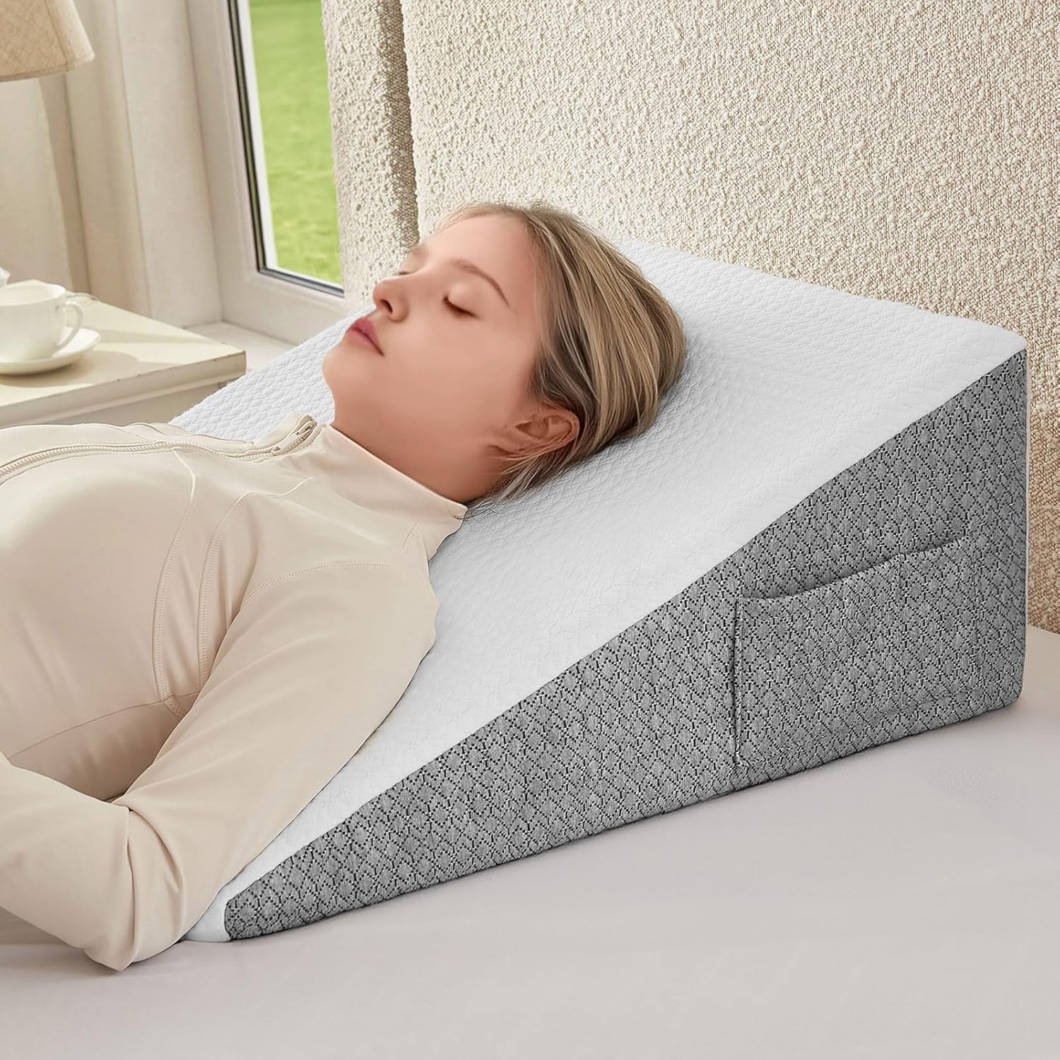 Wedge Pillow for Sleeping & Resting, 24″x24″x10″ 10 inch, Grey & White