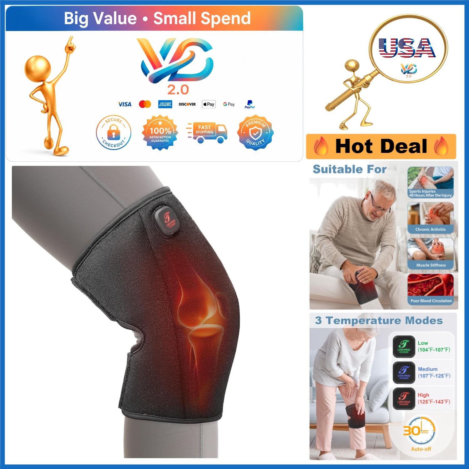 Heated Knee Brace Cordless 3-Mode Hot Wrap for Arthritis Pain Relief Black