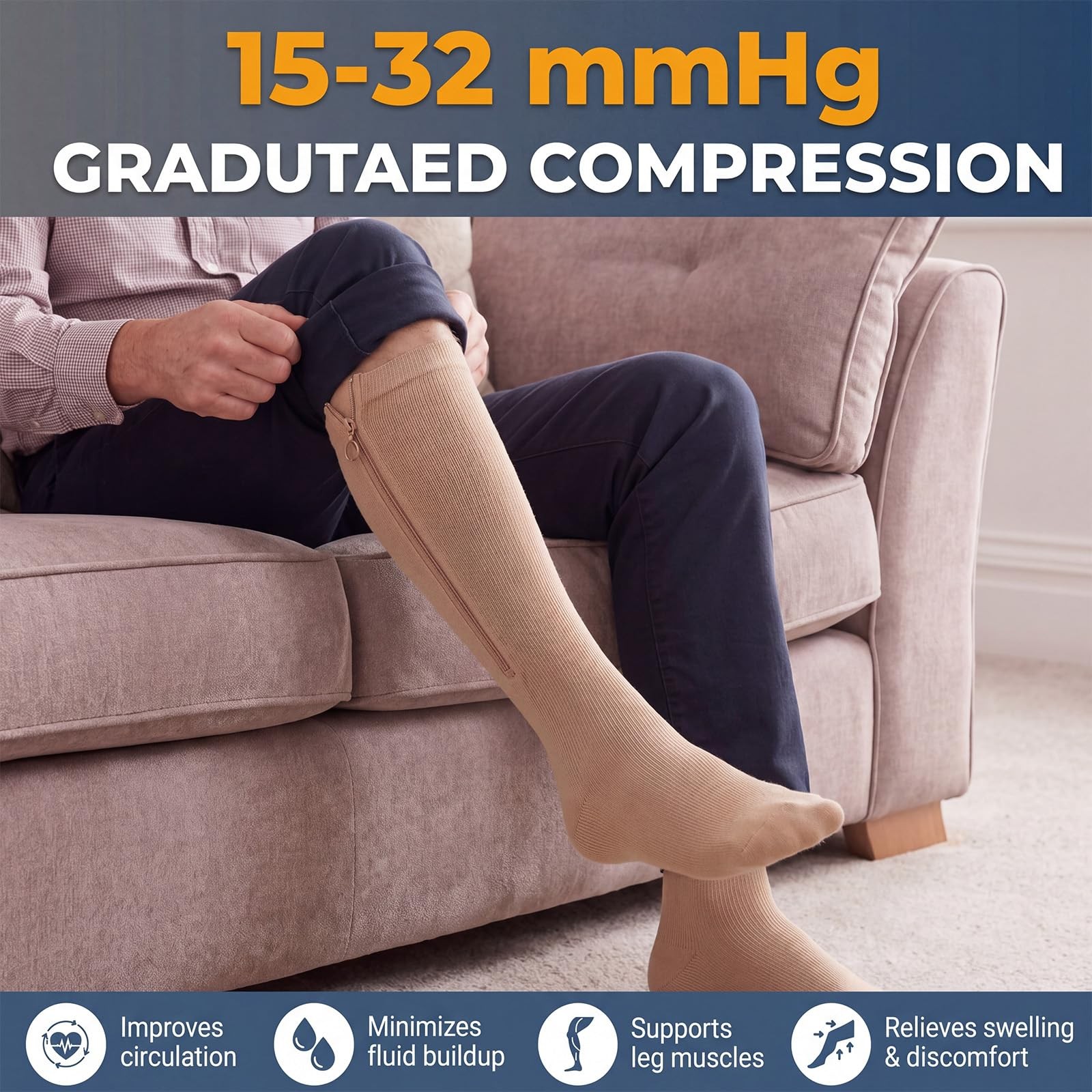 2 Pairs Medical Zipper Compression Socks for Women Men 20-30 Mmhg(Black+nude,…
