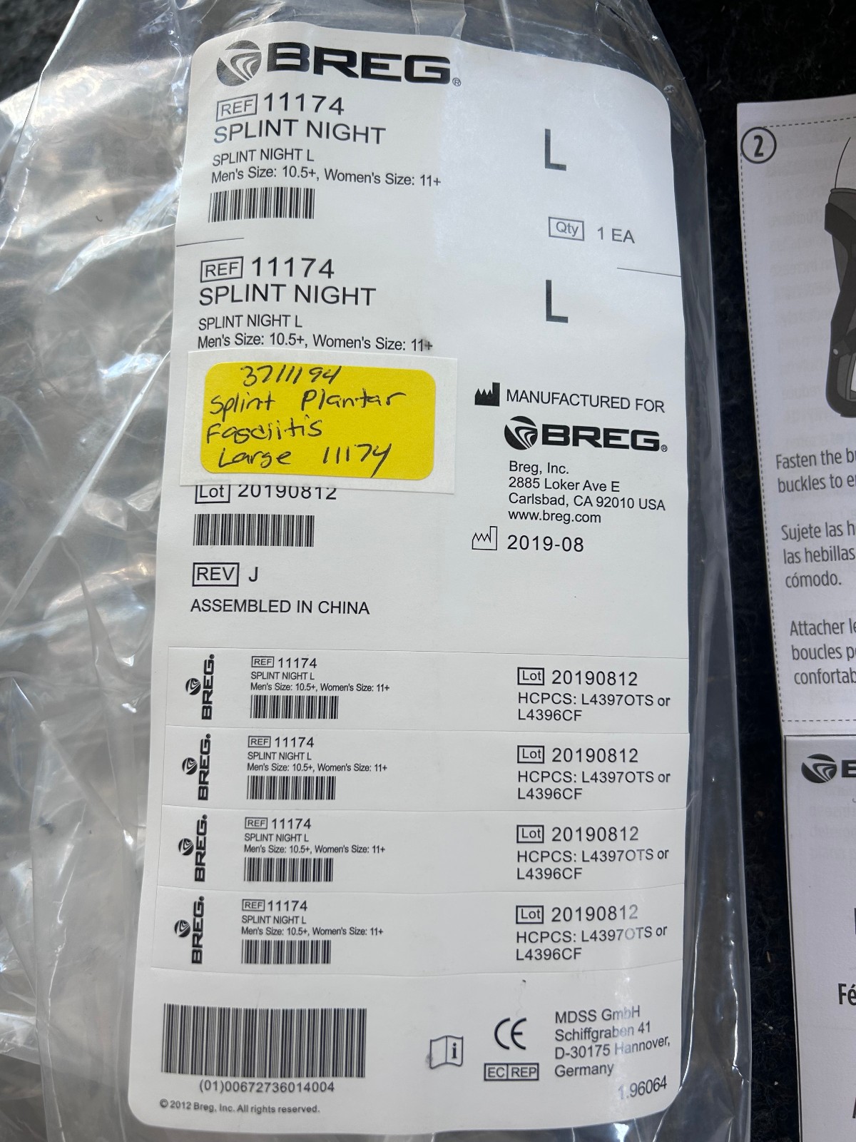 Breg Plantar Fasciitis 11174 Night Splint Large Size Men 10.5+, Women 11+ (NEW)